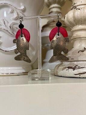 Vintage Koi Fish Earrings - Silver and Red